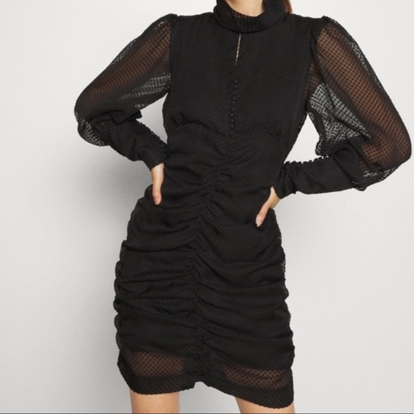 NWOT House of Harlow 1960 Black Ruched Button Up Sheer Mini Dress